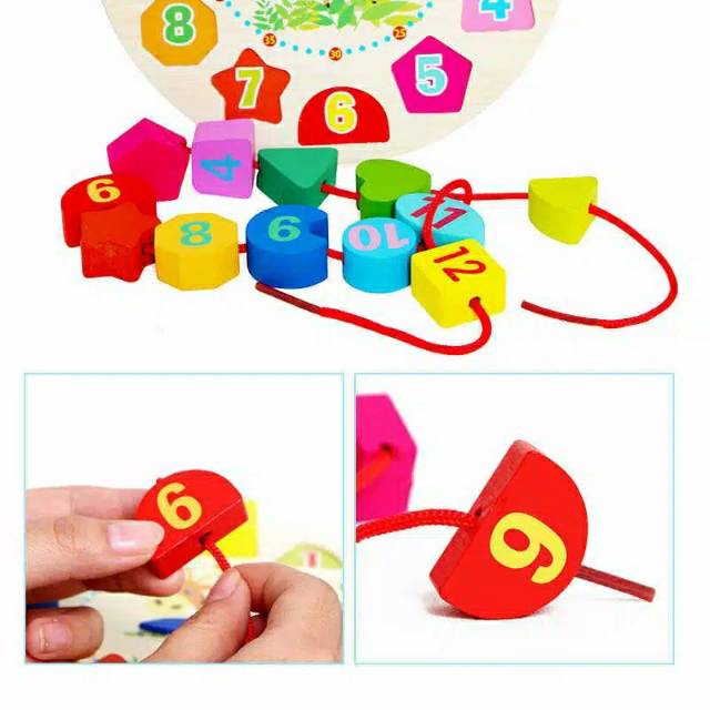 Mainan Jam Kayu Digital Clock Beads Jam Ronce Geometri Wooden Toys Clock Puzzle Mainan Edukasi Anak