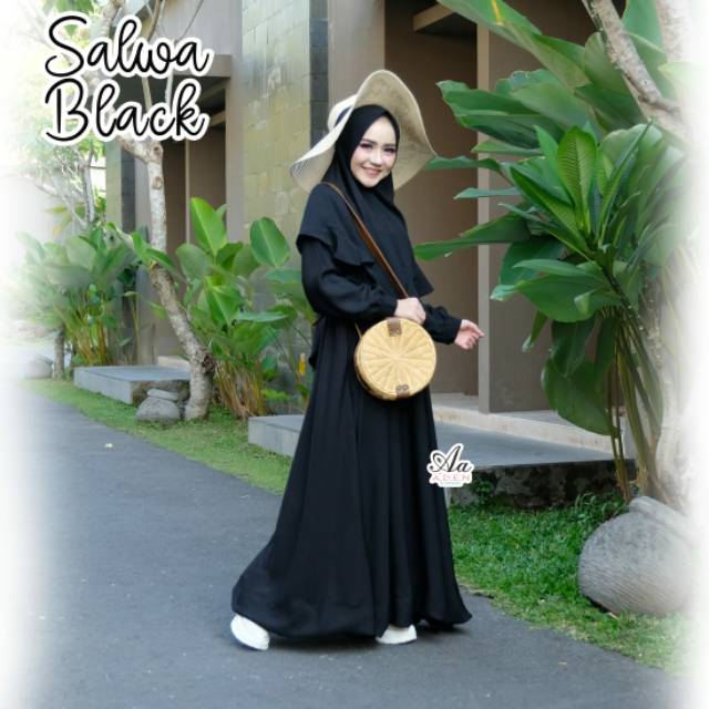 Gamis Set Khimar / Dress Syari Polos Wollycrepe NOM Salwa Hitam Ori by Aden Hijab