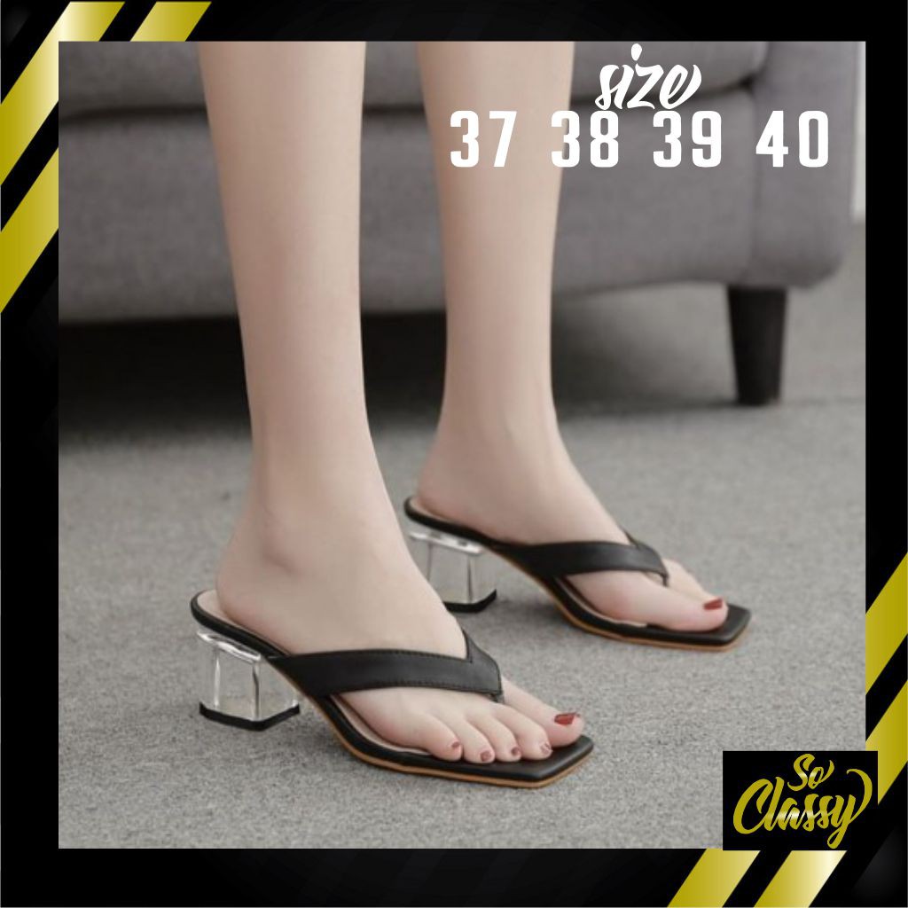 Haihil Wanita Sandal Hak Kaca Tinggi 7 cm Bahan Sintetis Warna Hitam Sendal High Heels