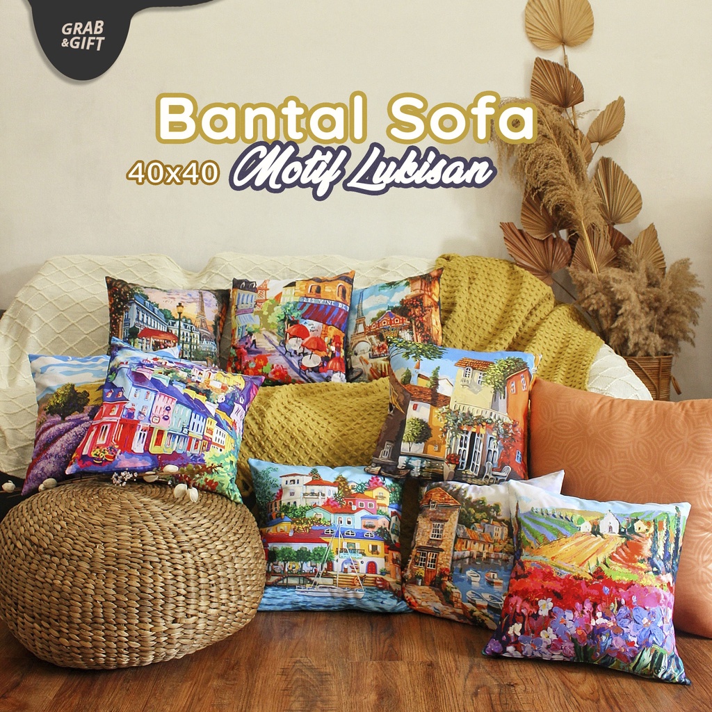 Bantal Sofa Motif Lukisan Pemandangan 40 x 40 cm Cushion Pillow Landscape Painting