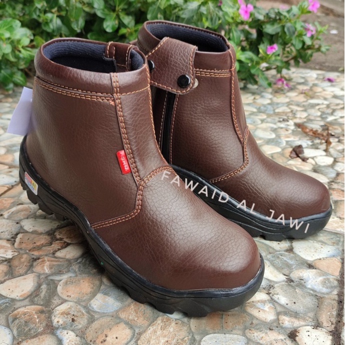 Sepatu Safety Resleting Coklat Semi Boot King Skn Terbaru Ujung Besi Kulit Buatan Impor Hicking Touring Proyek Pabrik Industri Pria Wanita