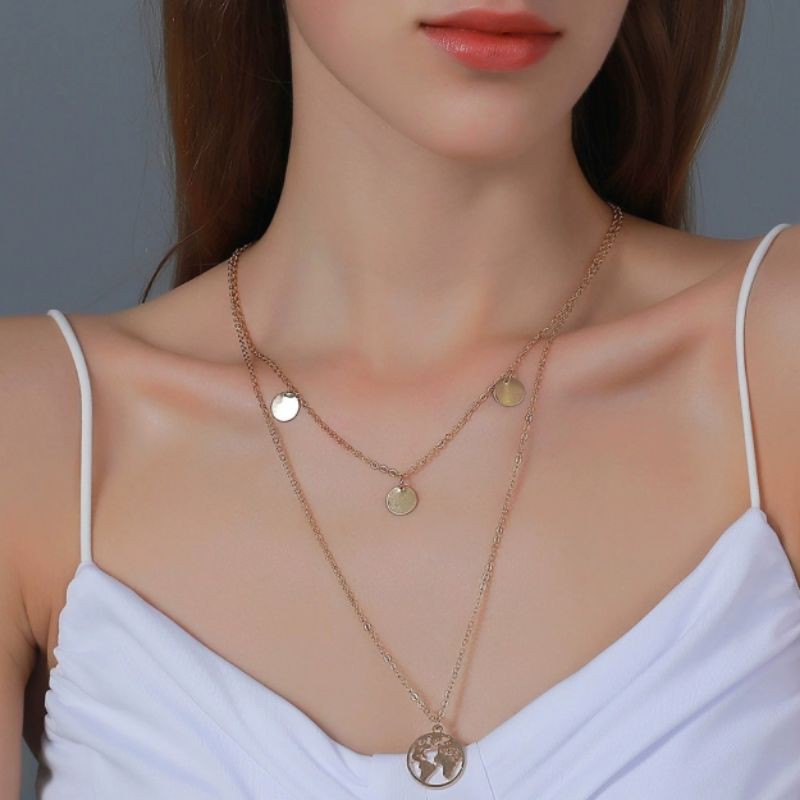 Kalung Rantai Wanita 2 Layer Korean Style Aksesoris Perhiasan Cewe