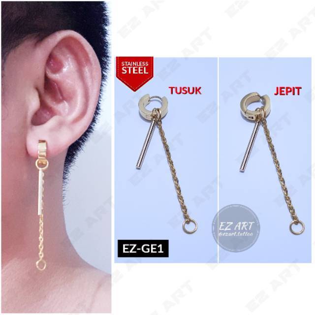 1Pc Model EZ-GE Gold Emas Stick Silinder Anting Pria dan Wanita Jepit Tusuk Variasi Bandul