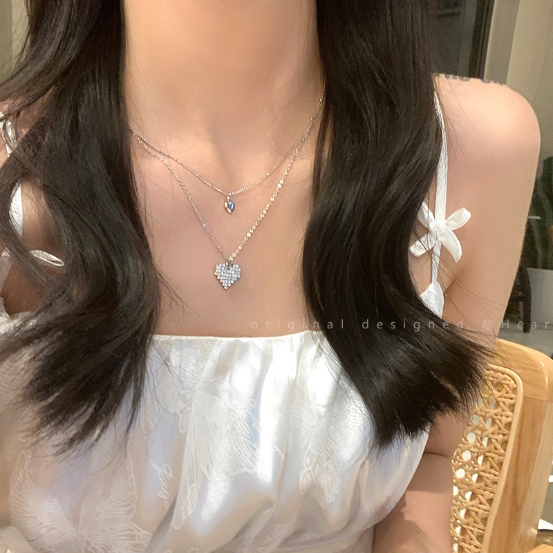 Kalung Rantai Choker Liontin Hati Ganda Aksen Kristal Warna Silver Untuk Wanita