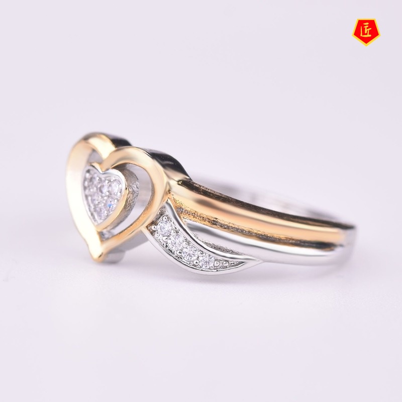 [Ready Stock]Silver Heart-Shaped Diamond Two-Tone Ring Fashion Luxury 18K Gold