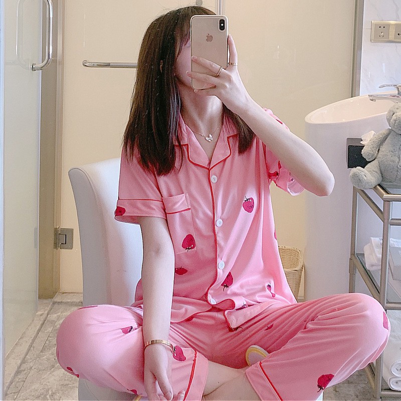 BAJU TIDUR PIYAMA SET KEMEJA CP LENGAN PENDEK CELANA PANJANG IMPORT PREMIUM BANYAK MOTIF PART 2-Strawberry