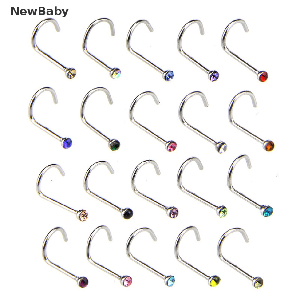 20pcs / Set Anting Tindik Hidung Bahan Stainless Steel Hias Kristal Berlian Imitasi Untuk Wanita