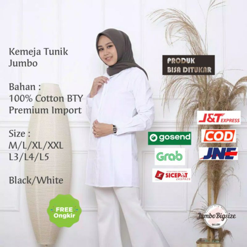 JB Tunik Kemeja Wanita Putih Hitam Polos Atasan Wanita Hem Lengan Panjang Muslimah Big size 5XL 4XL 