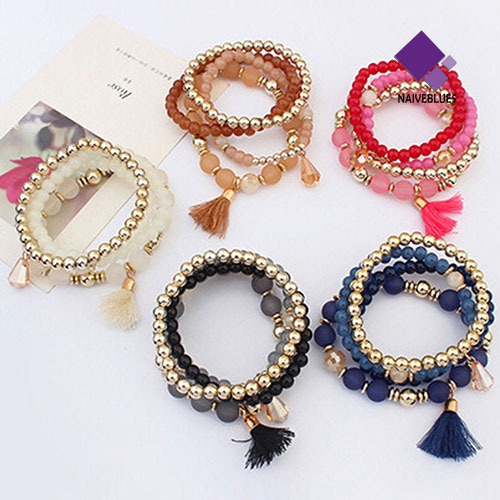 4pcs / Set Gelang Multilayer Bahan Resin Aksen Rumbai Gaya Etnik Untuk Wanita