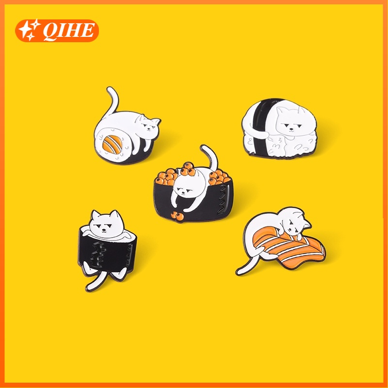 Sushi Cat Enamel Pin Custom Cuisine Rice Roll Cat Brooches Cartoon Kitten Badges Bag Clothes Pins Jewelry Gift for Cat Lover