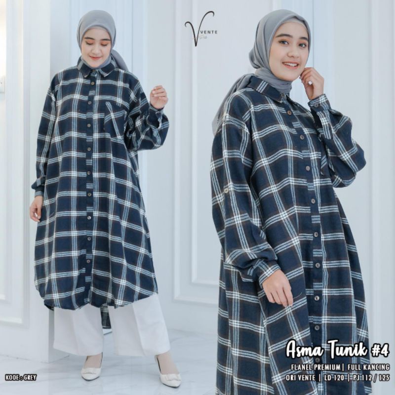 Tunik Flanel LD 120 XXL Asma #4 Ori Vente Super Jumbo Terbaru Atasan Wanita Kotak Garis Panjang Long