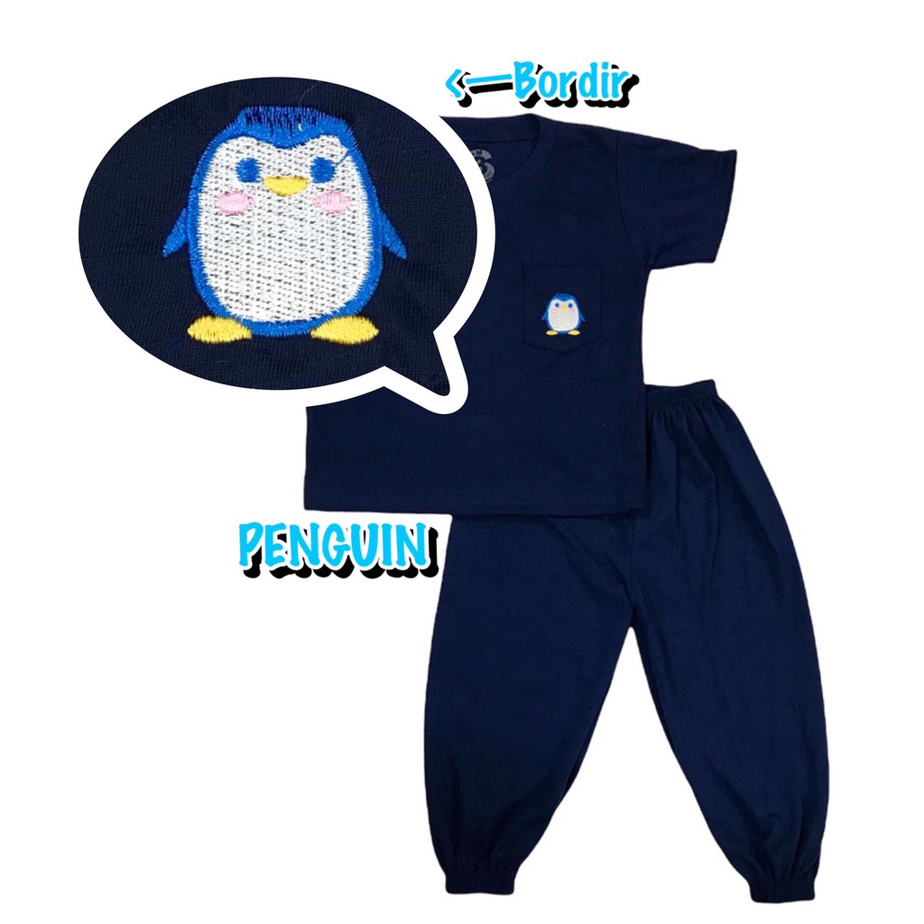 (1 KG MUAT 7 STEL) BAJU SETELAN CP JOGER FASHION OBLONG ANAK LAKI-LAKI/COWOK BAHAN KAOS KATUN KANTONG BORDIR PENGUIN