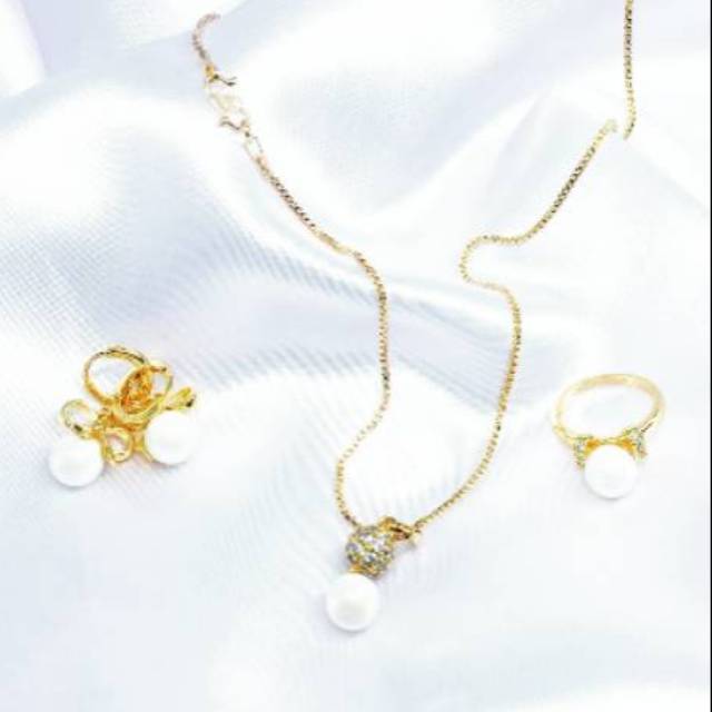 Perhiasan Mutiara Putih Xuping Set Anting Cincin Kalung - SS0006
