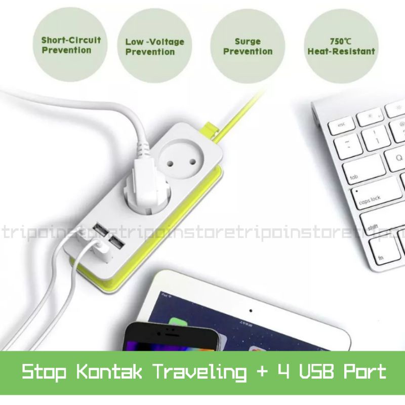 Portable Stop Kontak Traveling Travel - 2/3 Colokan Lubang Socket EU AC + 4 USB Port