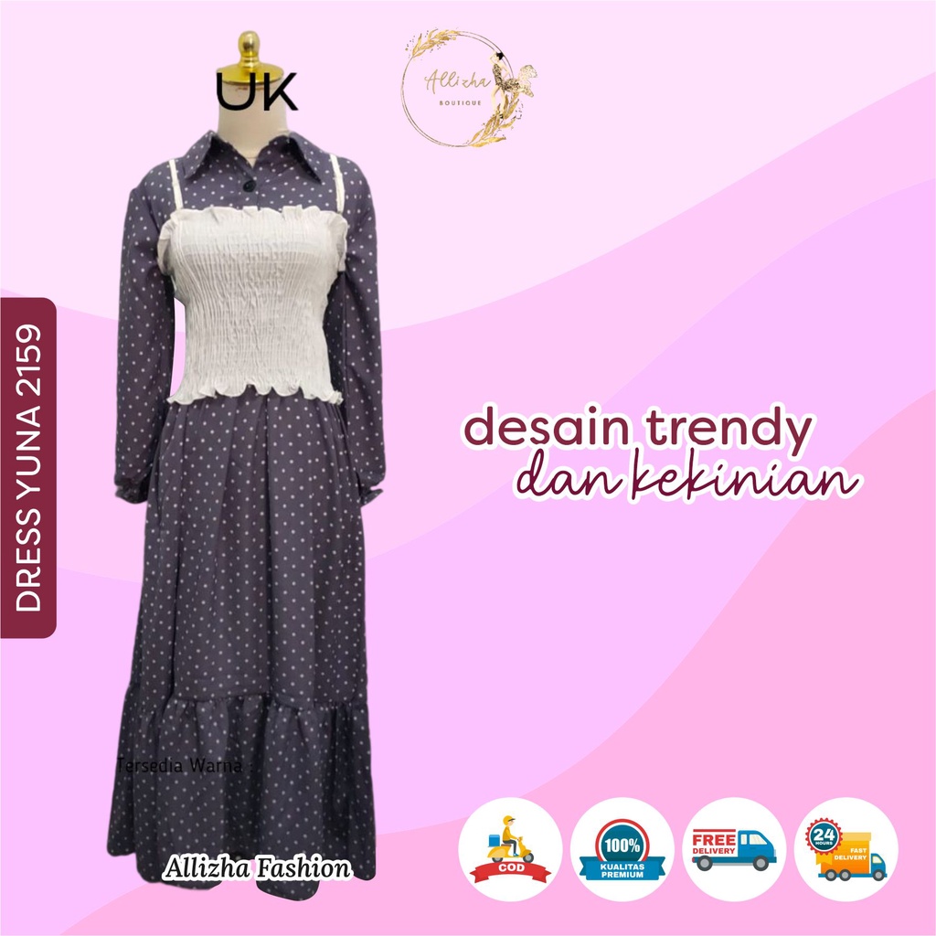 Dress Yuna 2159 Gamis Polkadot Rompi Rajut Daily Wear Wanita Ootd Kekinian By Allizha Fashion
