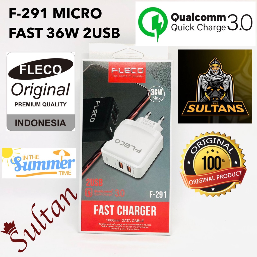 CHARGER FLECO F291 MICRO CASAN FLECO F291 TYPE-C 2USB QUALCOMM 3.0 36WATT MAX CHARGER FOR ANDROID