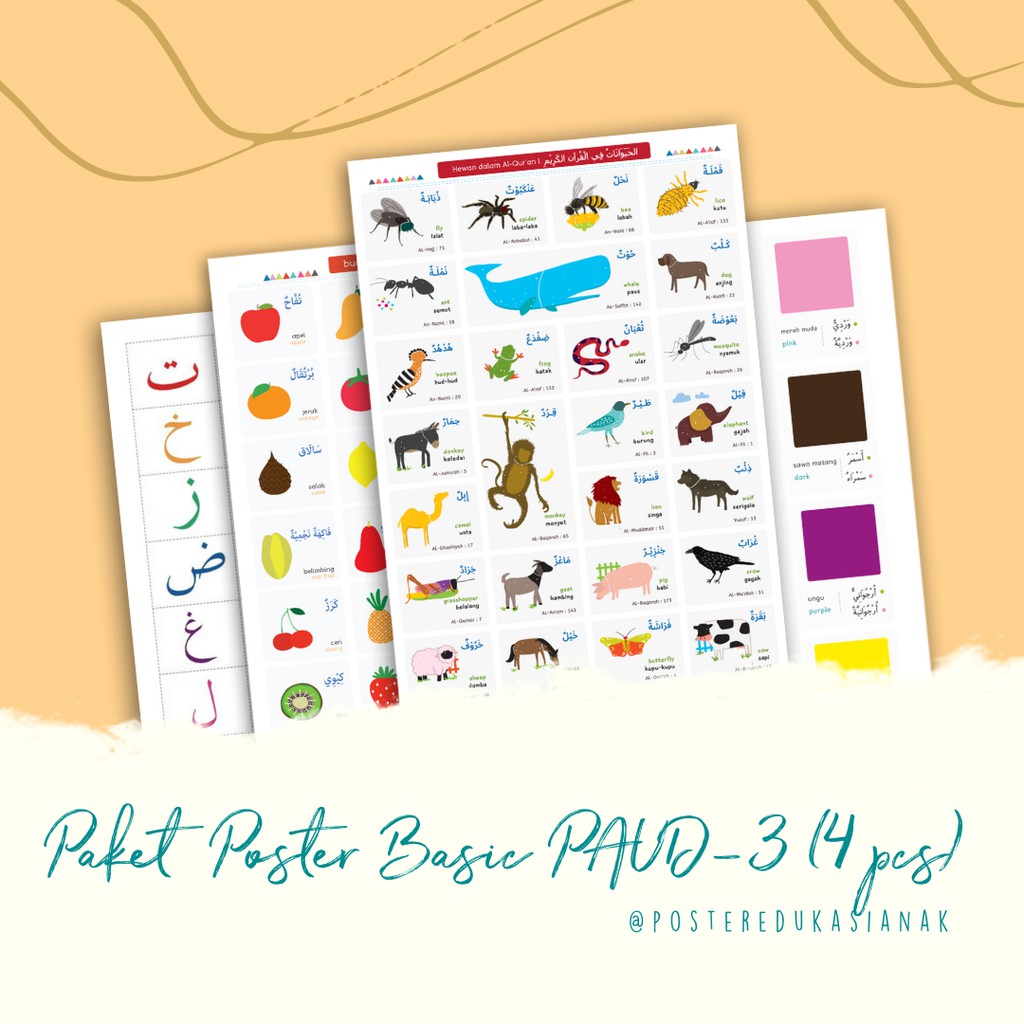 Paket Poster Basic PAUD 3 - Media Edukasi Anak Belajar Bahasa Arab Buah, Hewan, Warna, dan Hijaiyah