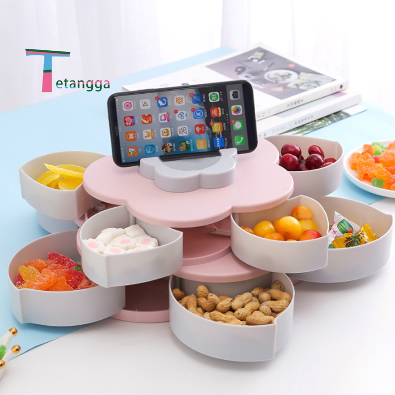 Toples Bunga Mekar,rotating Putar Kue/Candy/Snack/buah Tingkat 2 Susun + Tempat Dudukan Storage Box