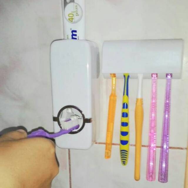 DISPENSER ODOL dan Tempat Sikat Gigi Toothpaste Dispenser &amp; Brush Set WHITE Pasta Gigi