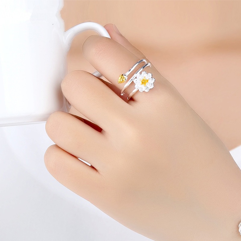 Huluboy Cincin Model Terbuka Desain Bunga Teratai Gaya Elegan Adjustable Untuk Pengantin Wanita