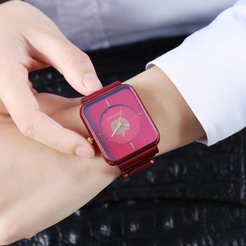 Rowling ( Jam- 23) Jam Tangan Analog Kotak Dunking Strap Stainless Steel  Gesper Magnet Untuk Wanita Import TANPA ACCESORIS