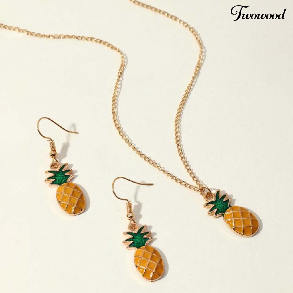 Twowood 2Pcs/Set Piercing Cute Necklace Earrings Set Alloy Pineapple Pendant Necklace Ear Hooks Jewelry Accessory