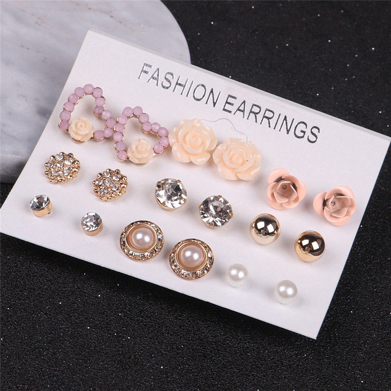 9 Pairs/Set Cute Crystal Pearl Flower Ear Studs Earrings