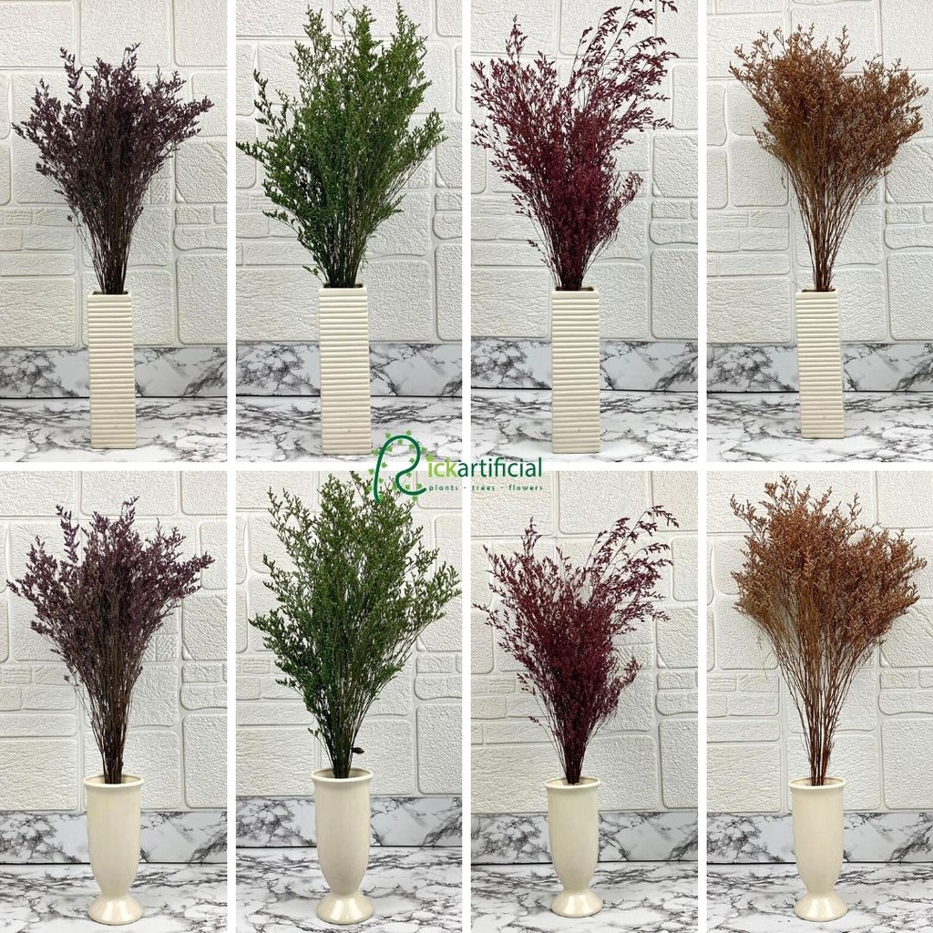 Bunga Kering Caspea Dried Flowers Bouquet Tanaman Artificial Vas Keramik Putih Dekorasi Ruangan