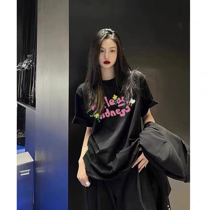 baju kaos wanita/korean style letters graphic printing lengan pendek hitam kaos