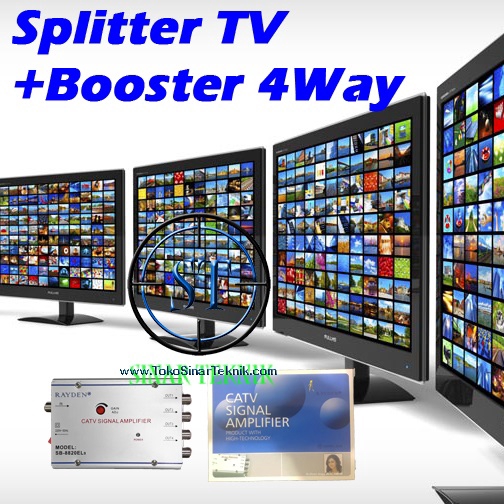 Splitter SB-8820EL9 ( 20DB ) 4 Way + Booster Spliter Pembagi Cabang KAbel Antena TV Televisi Penguat SIgnal Sinyal Siaran Bagus Gambar jelas