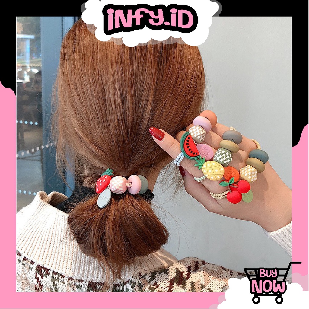 INFY -  R556 Ikat Rambut Aksen Manik Buah Gaya Korea Untuk Wanita / Ikat Rambut Bahan Karet Aksen Buah