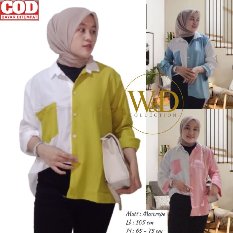 Kemeja Wanita Basic Polos Panjang Atasan Blouse Casual Korean Style Kombinasi Pinguin Moscrepe