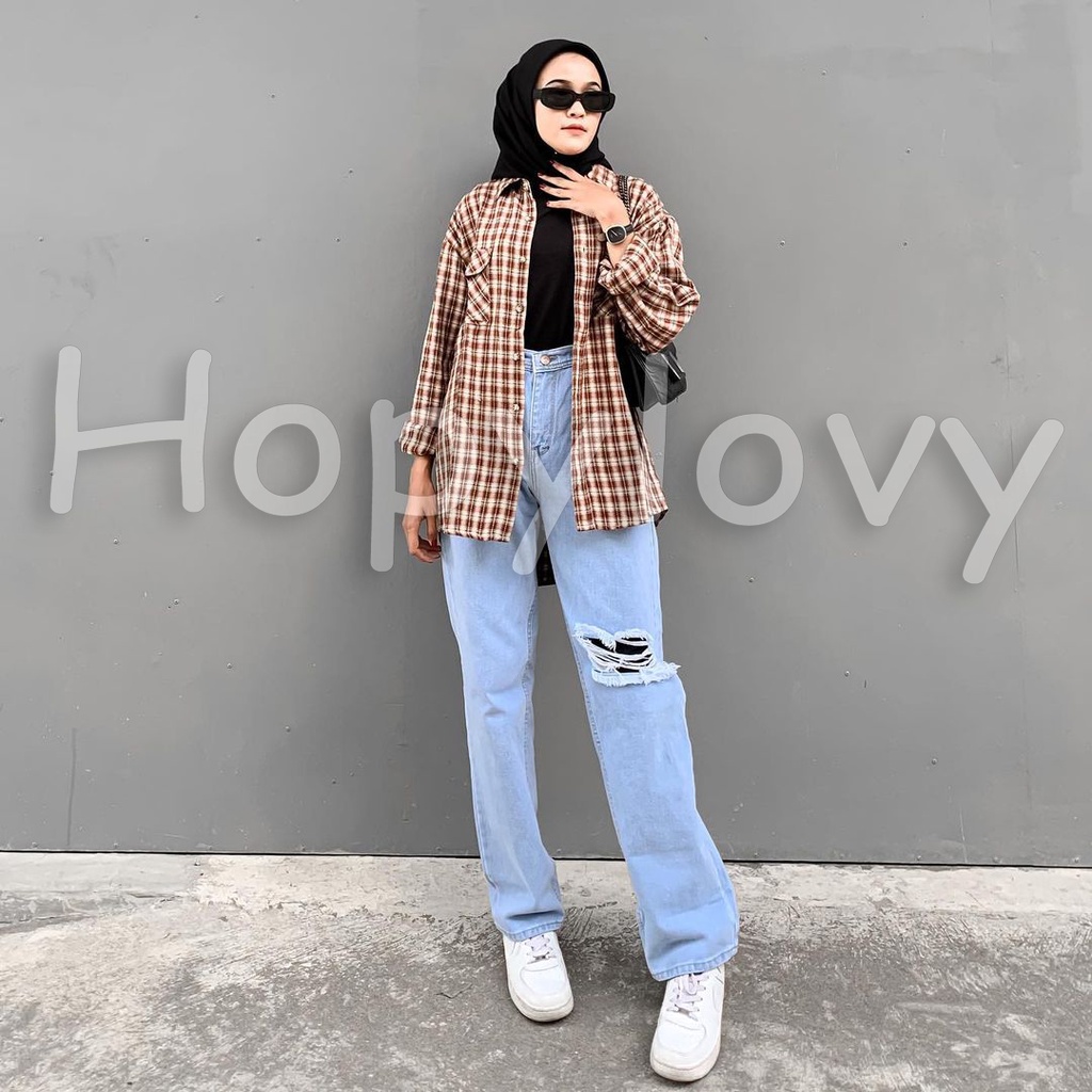 HOPYLOVY Celana Panjang Kulot Jeans Highwaist Sobek Long BF Ishika Loose Jeans