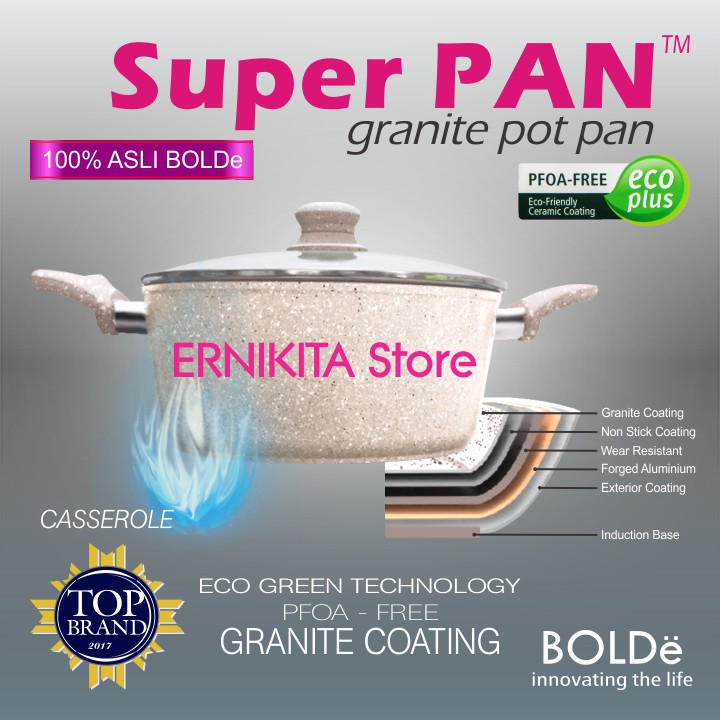 BOLDe POT PAN 24 CM + GLASS LID - Super Pan Panci Casserole Granite Coating