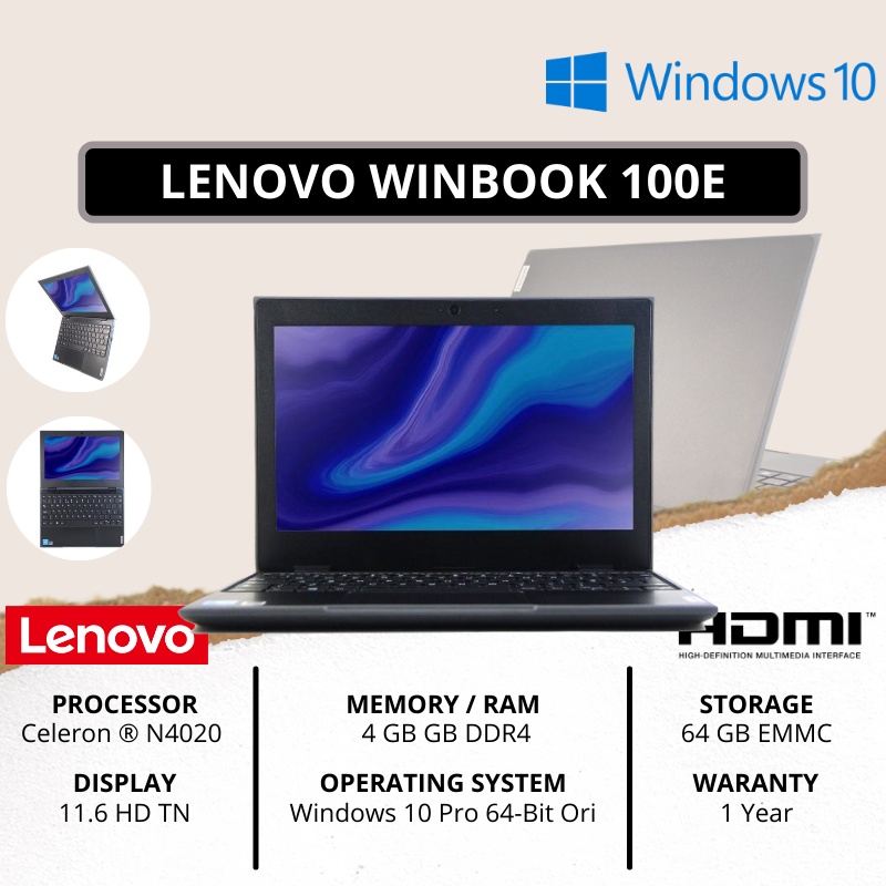 LENOVO WINBOOK 100E [CELERON N4020 / 4 GB DDR4 / 64 GB EMMC + SUPPORT HARDDISK EXTERNAL / 11.6&quot; HD / WINDOWS 10 PRO ORIGINAL] - NOTEBOOK TERMURAH - TEKNO KITA