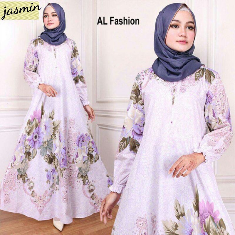 Jasmin-Dress Gamis Wanita L XL Jumbo Busui Syari Katun 100% motif Bunga Warna Ungu Coklat Biru Cream