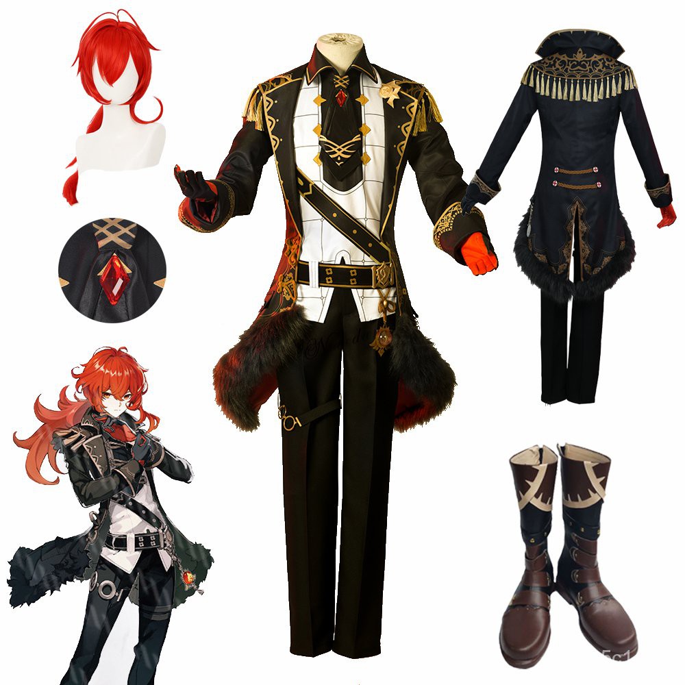 Genshin Impact Diluc Game Suit Uniform Cosplay Costume Boots Jacket Wig Anime Halloween Party Outfit