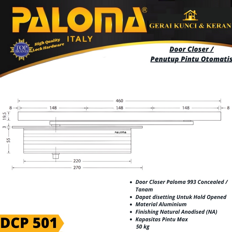 DOOR CLOSER PALOMA 993 CONCEALED NA DCP 501 PENUTUP PINTU OTOMATIS SILVER