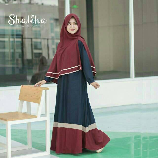 Gamis Polos Nabila Navy-Maroon by Shaliha Hijab Katun Toyobo Busui Friendly