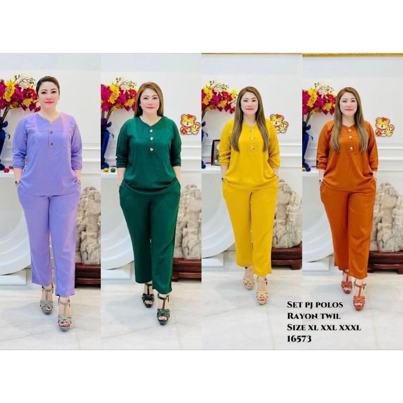 16573 Set Rayon Twill Lengan Karet / Set Celana Panjang Rayin Twill Polos / Set Wanita Harian