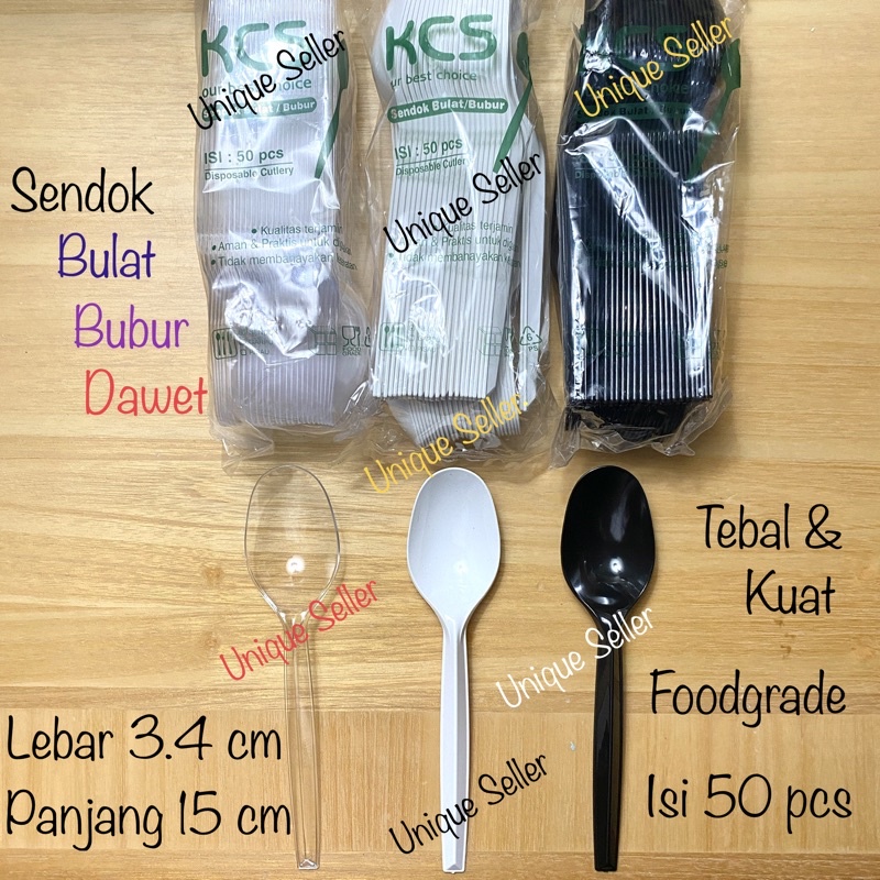 Sendok Bulat Plastik KCS ISI 50 / Sendok Bubur Plastik KCS / Sendok Dawet Plastik KCS Bening Putih Susu Hitam ISI 50 PCS