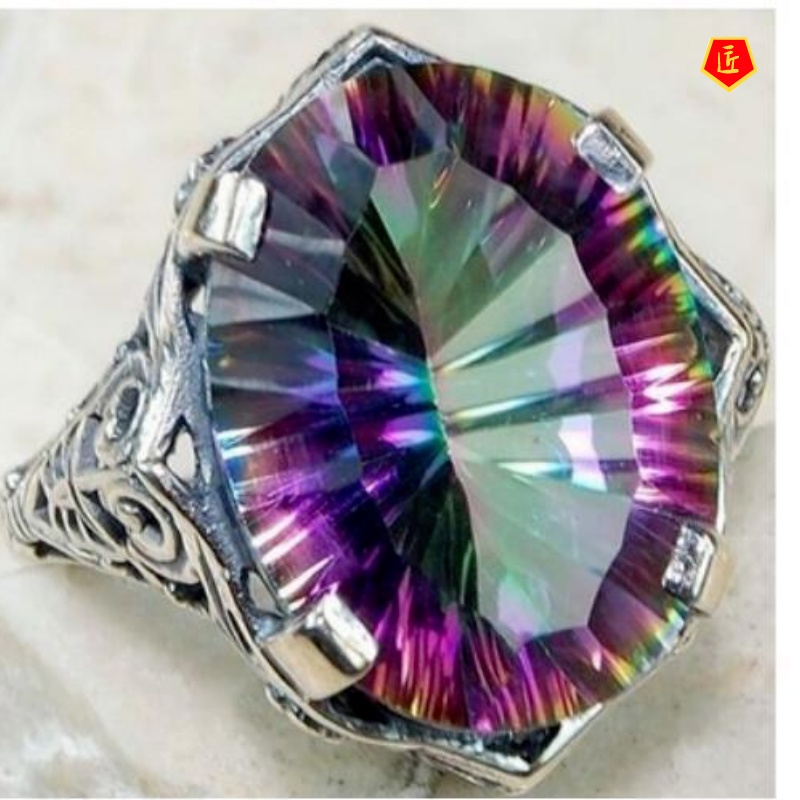 [Ready Stock]Colorful round Gemstone Ring Retro Fashion