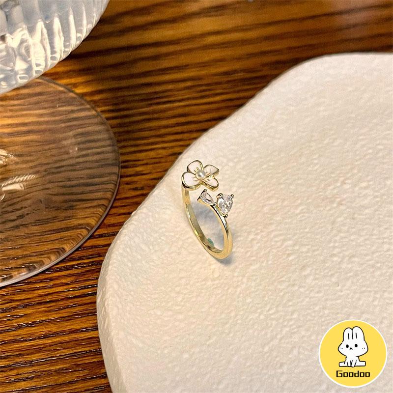 Cincin Bunga Sederhana Lembut Manis Kecantikan Temperamen Cincin Pembuka Glossy -Doo