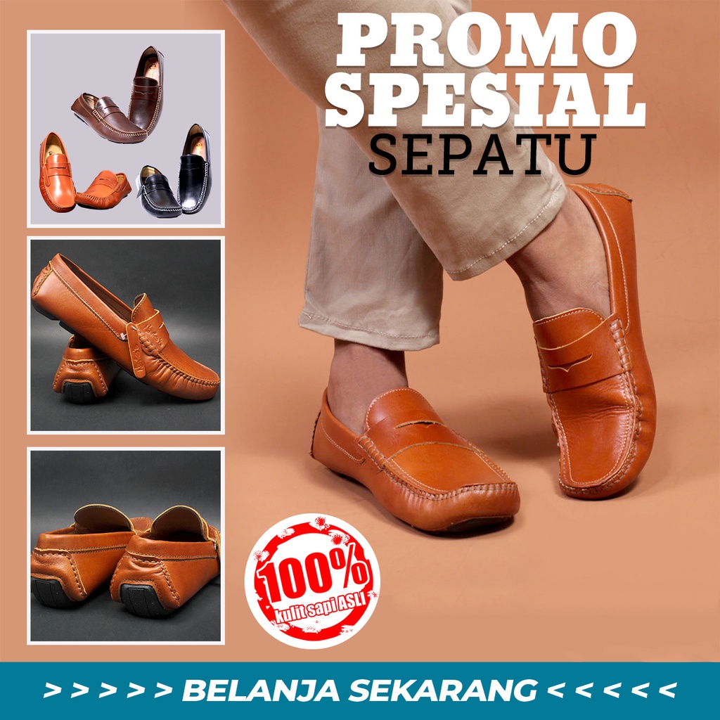 SEPATU KULIT SAPI ASLI LOAFERS / SEPATU SLOP CASUAL BAHAN 100% KULIT SAPI BERKUALITAS FR02 KILAP QI LEATHER