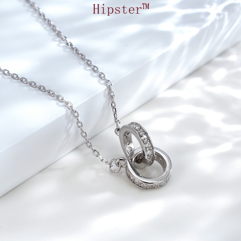 INS Style Simple Advanced Ring Buckle Double Ring Full Diamond Pendant Necklace