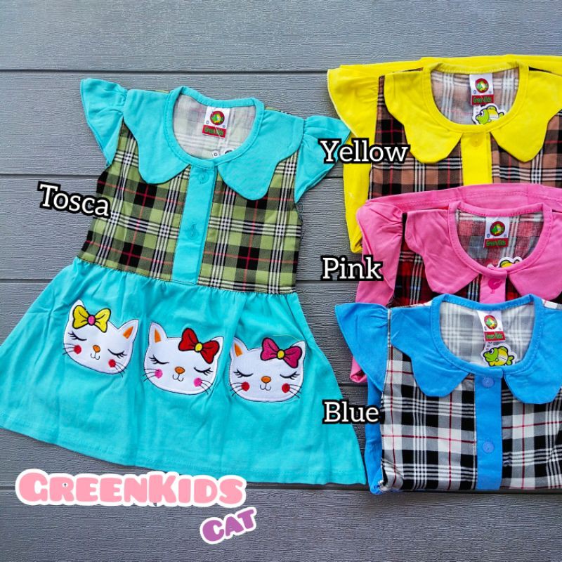 COD Dress Green kids Cat usia 3-12 bulan baju anak perempuan / girl / cewek / kado murah lucu