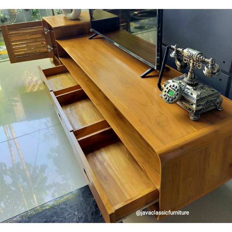 BUFET CABINET TV RETRO MINIMALIS VINTAGE PANJANG 2 METER BAHAN KAYU JATI GRADE A BUFFET DRAWER PAJANGAN RUANG TAMU KELUARGA MURAH FINISHING NATURAL FURNITURE JEPARA-3