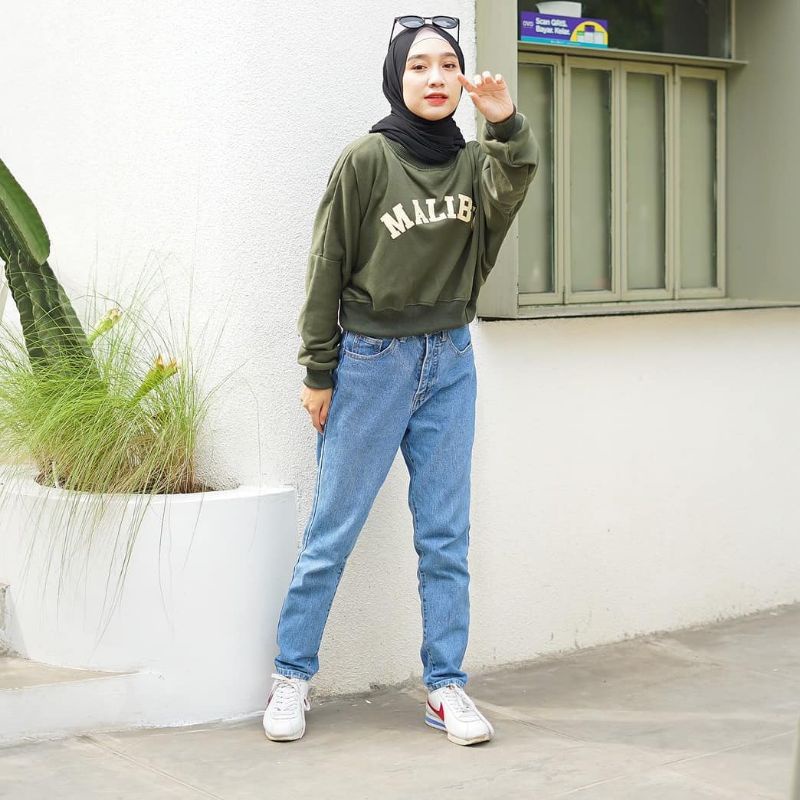 ARMY MALIBU CROP OVERSIZE SWEATER FLEECE WANITA TEBAL TERBARU'