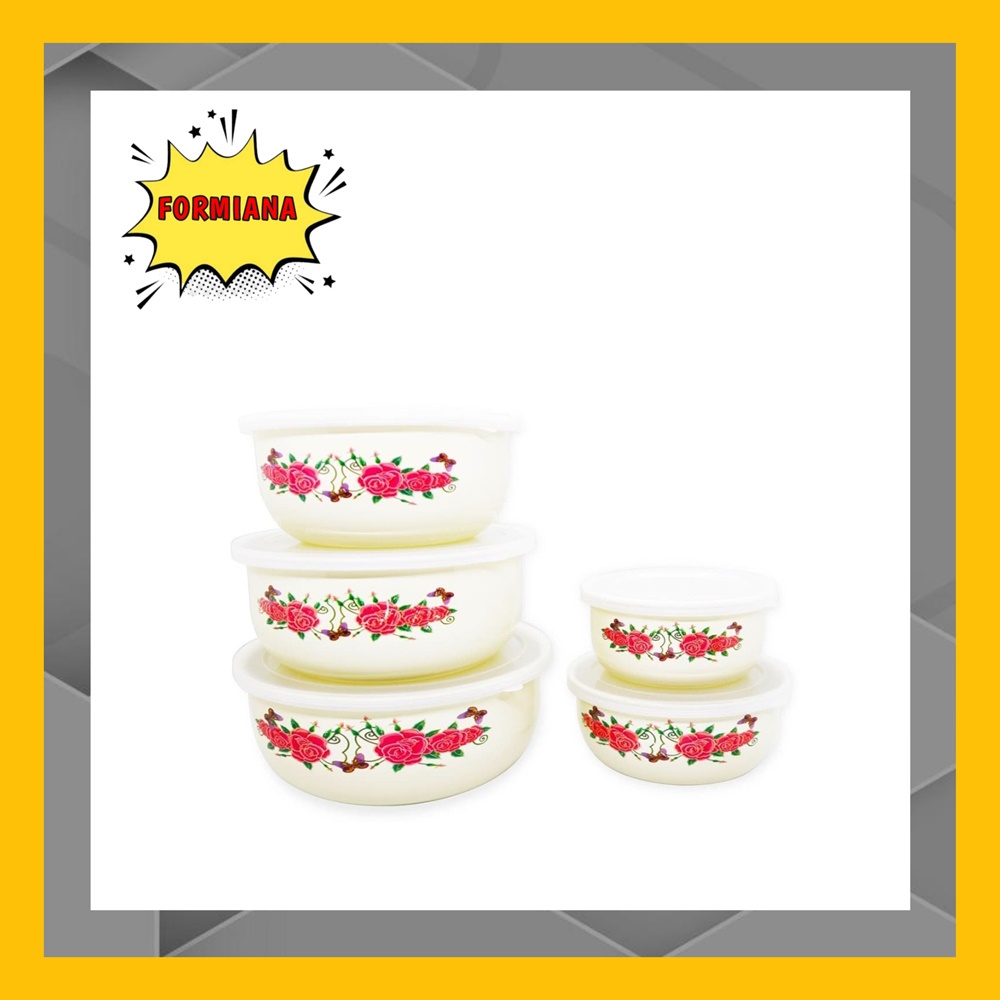 FM - Mangkuk Enamel Mixing Bowl GSF Motif 5 pcs dan Tutup