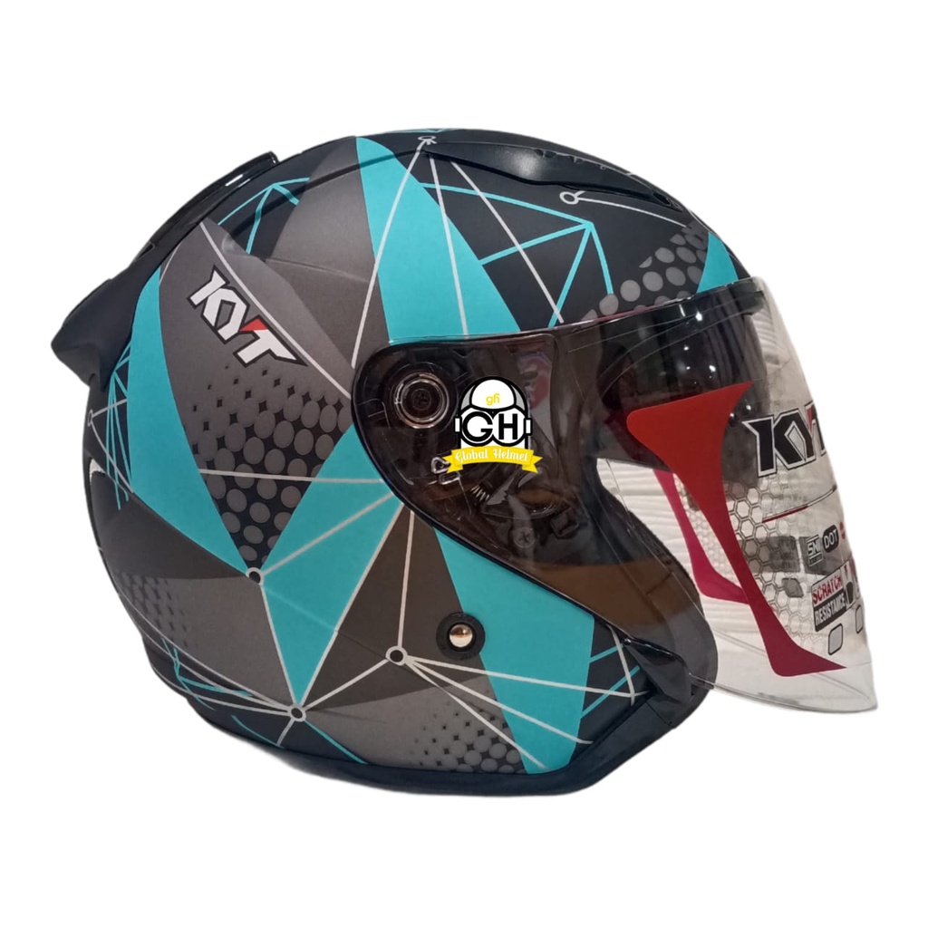 HELM KYT GALAXY FLAT R MATRIX BLACK MATT AQUA BLUE DOUBLE VISOR HALF FACE